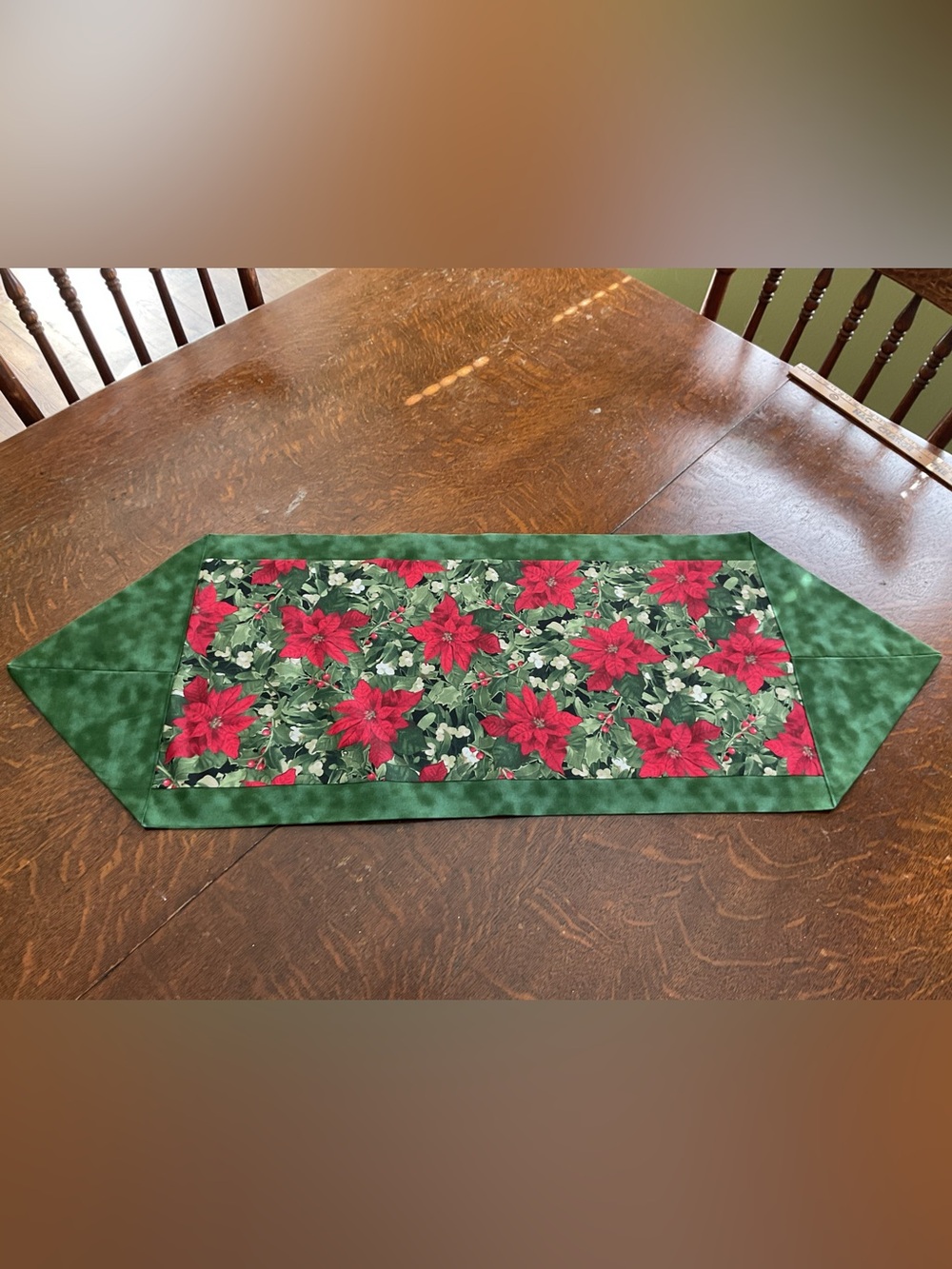 Handmade Green and Red Poinsettia Table Runner - Festive Holiday Dining Accent